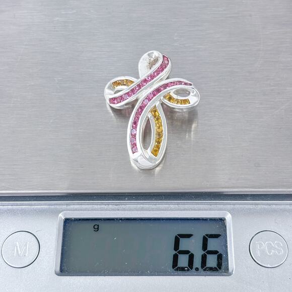 Estate Sterling Silver 925 Yellow Citrine Pink Tourmaline Twist Cross Pendant - Picture 8 of 8